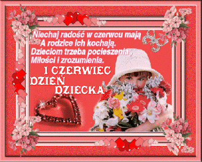 Dziewczynka z bukietem kwiatów i sercem z życzeniami na Dzień Dziecka